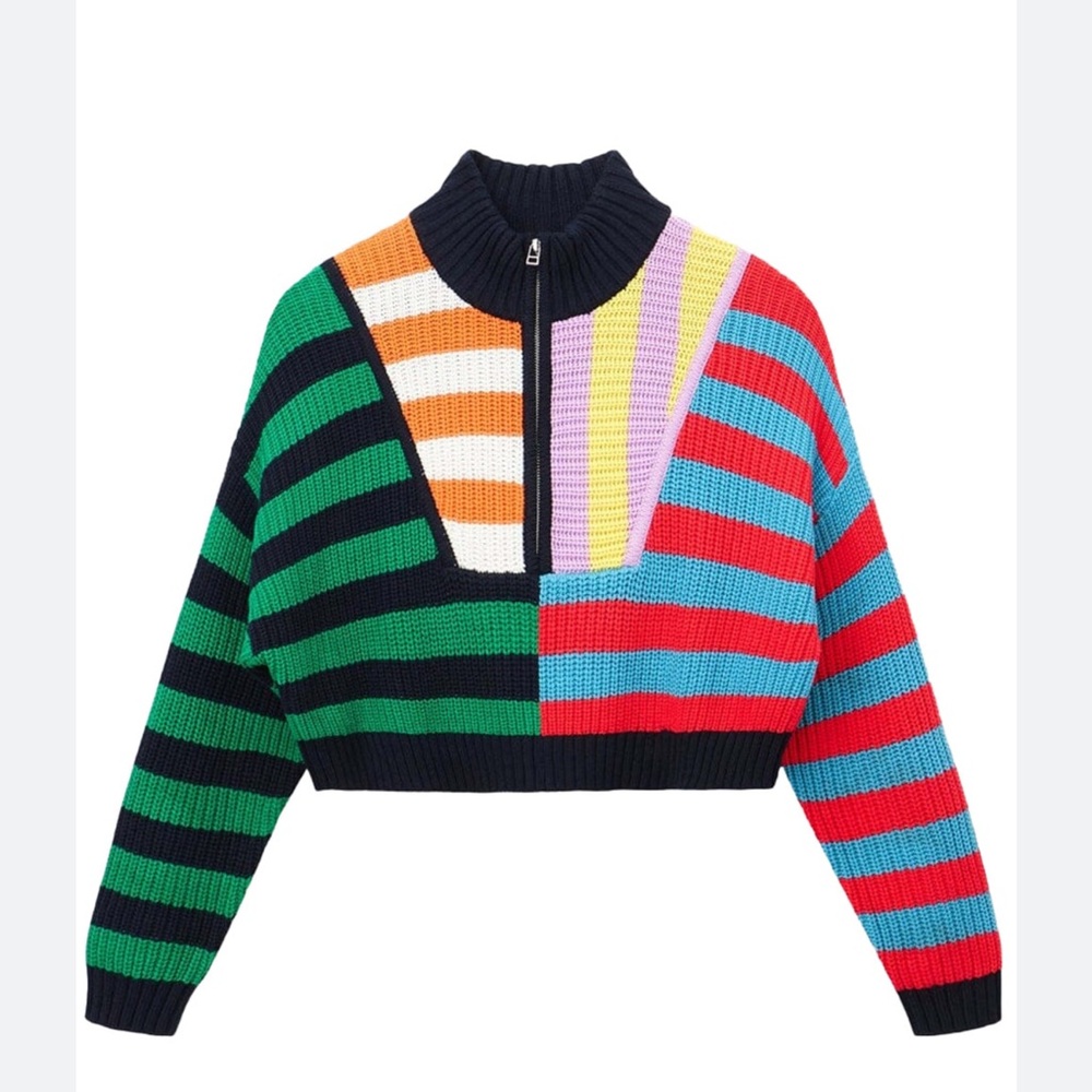 STAUD Multi-Color Striped Cropped Zip Sweater